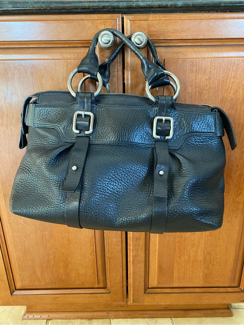 Kenneth Cole Black Pebbled Leather Satchel with Ring Handles